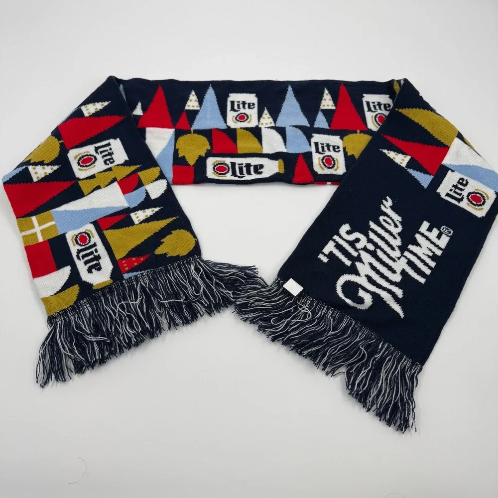 Miller‎ Lite Tis Miller Time Knit Holiday Scarf Navy Blue Beer Can Fringe A1387